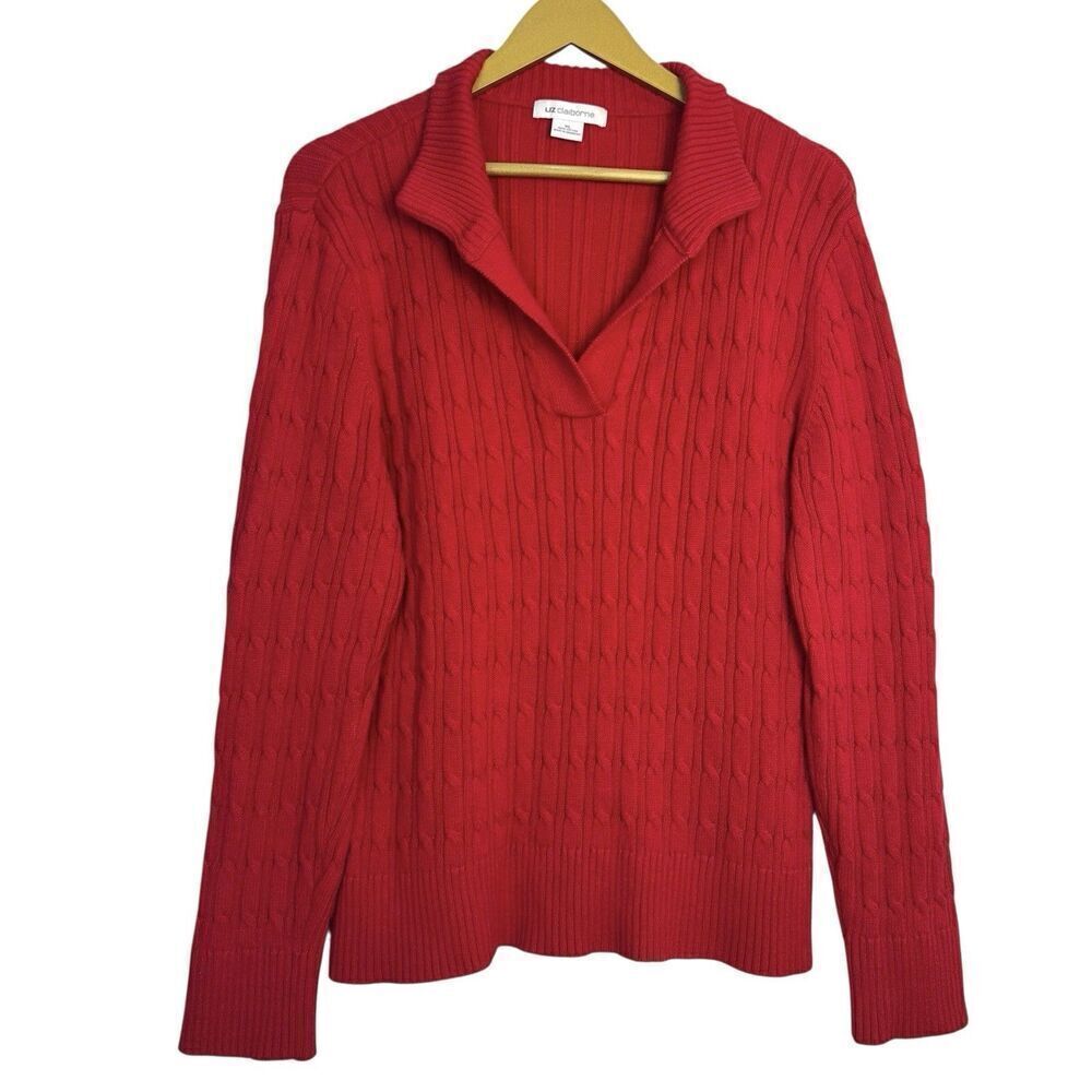 Liz Claiborne Womens Polo Sweater Cable Knit Size XL Red Tennis Preppy Old Money